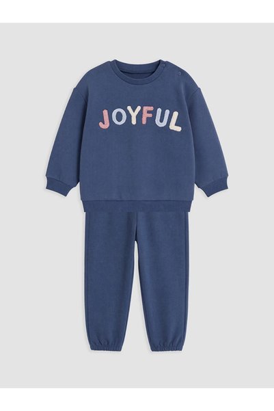 LC Waikiki Blue Slogan Embroidered Baby Boy Tracksuit Set