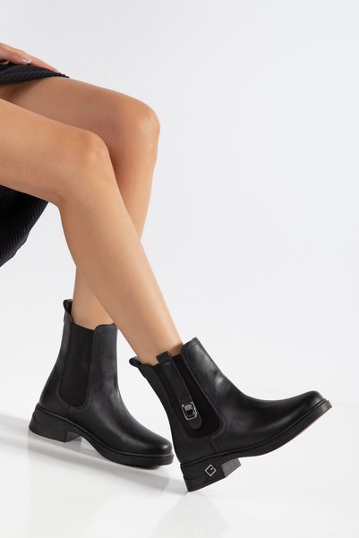 simplicity Women's Black Elastic Non-Slip Sole Boots with Buckle Detail