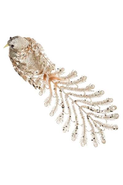 OEM Pasare Decorativa de Craciun cu Clip Coada Lunga & Glitter Bej 35x7x9cm