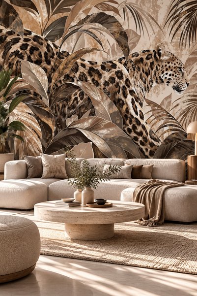 dreamwall Yaban İzi- Leopar ve Bitki Desenli Tek Parça Tekstil Duvar Kağıdı
