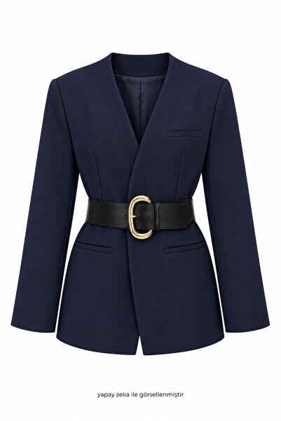 elifteke Mare Thick Belted Blazer Jacket Navy Blue
