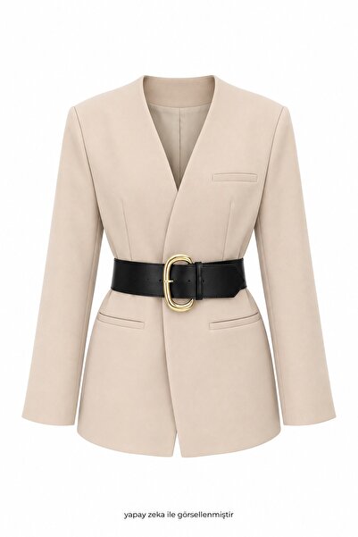 elifteke Mare Thick Belted Blazer Jacket Stone Color