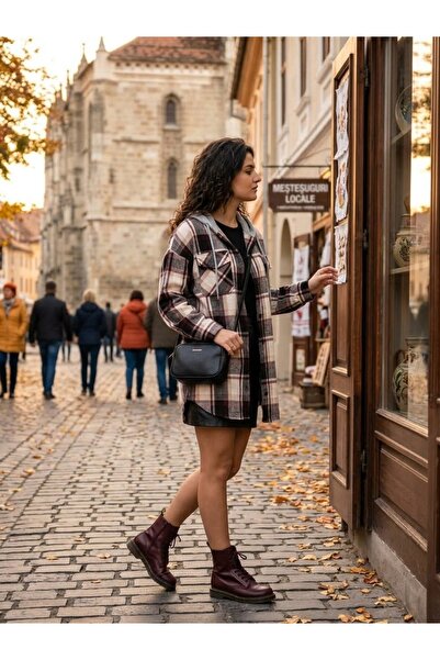 Polologin Butik Hooded Lumberjack Shirt with Pockets - Black Burgundy Plaid Tunic Jacket