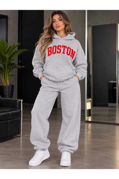 YK WEAR Trening cu glugă, set din 2 piese, model unisex, cu imprimeu Boston, ...