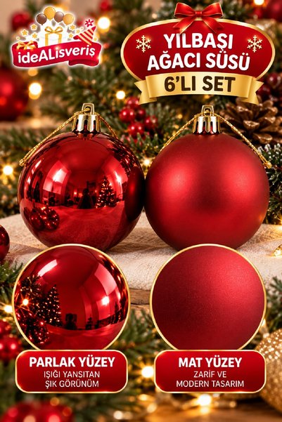 Bkmc 6'lı Gold Gümüş Kırmızı HakiYeşili Vizon Yılbaşı Topu Seti 3 Mat 3 Parlak Metalik Noel Ağacı Süsü Gold Askılı Dekoratif Yılbaşı Çam Ağacı Süsleme