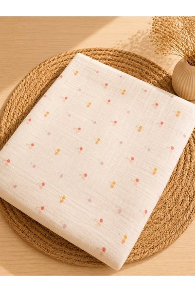 vanilla baby shop Kiraz Desenli Premium Müslin Örtü ve 2'li Ağız Mendili 3 Pa...