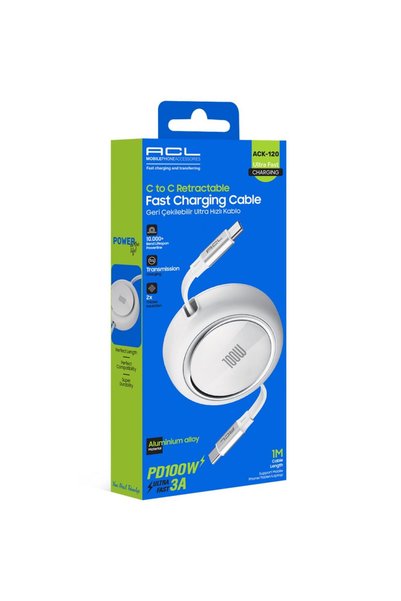 ACK-120 100W Pd Ultra Hızlı Geri Çekilebilir Usb-C To Usb-C Şarj Kablosu