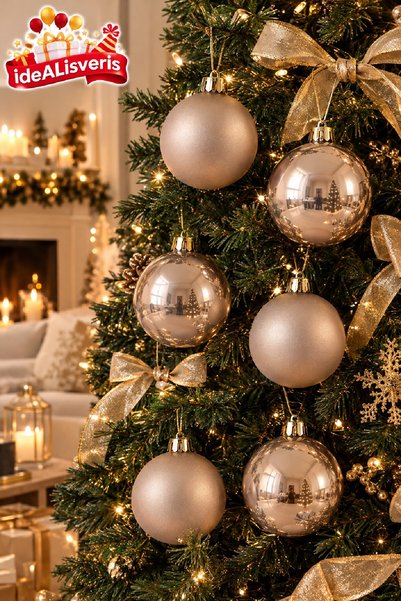BKMC PARTY 6'lı Gold Gümüş Kırmızı HakiYeşili Vizon Yılbaşı Topu Seti 3 Mat 3 Parlak Metalik Noel Ağacı Süsü Gold Askılı Dekoratif Yılbaşı Çam Ağacı Süsleme
