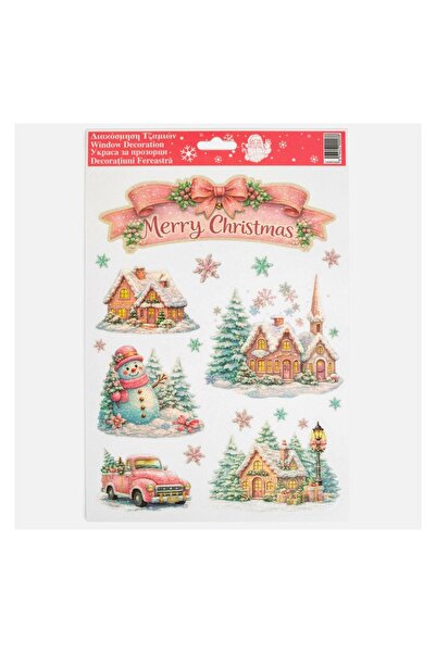 OEM Autocolant de Crăciun cu Sat Festiv Roz – Decor de Poveste pentru Geam sa...
