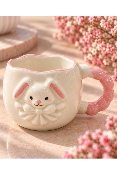 Çağ Seramik 3D Tavşan Desenli El Yapımı Seramik Kupa – Pembe Kulplu Krem Kahv...