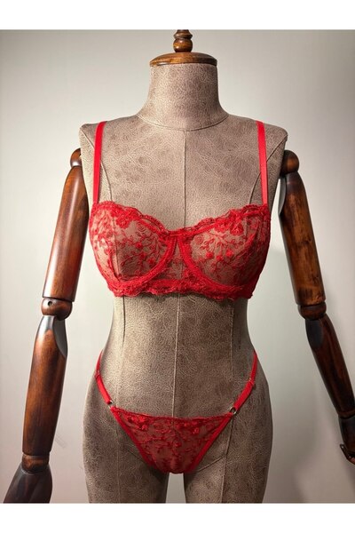 Lorinyo Red Floral Patterned Lace Bra Thong Lingerie Set