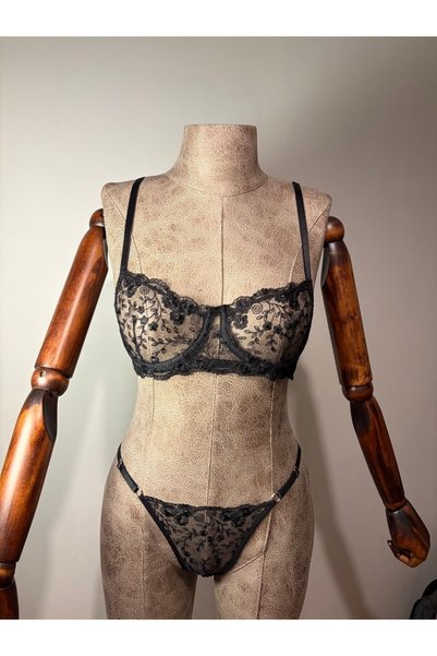 Lorinyo Black Floral Patterned Lace Bra Thong Lingerie Set