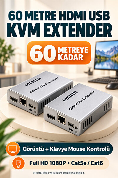 Kasliva 60m HDMI USB KVM Extender - Cat5e Cat6 Full HD 1080P Görüntü Klavye Mouse Uzatma Seti