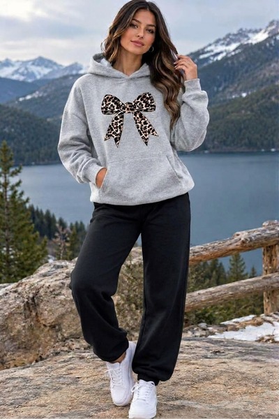 YK WEAR Trening cu glugă, set din 2 piese, de iarnă, cu imprimeu leopard și p...