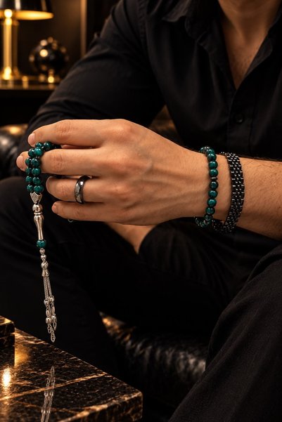 JEWELRY Erkek Aksesuar Seti 1 Tesbih 1 Çelik Bileklik 1 Boncuk Bileklik 1 Yüz...