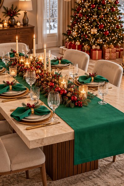 NapkinStore Green Runner and Napkin Set – 7 Pieces for the Christmas Table