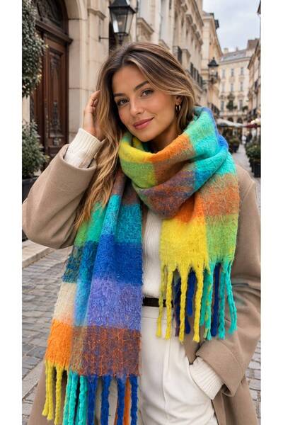 FELLMENS Multicolored Plaid Patterned Soft Textured Tasseled Thick Scarf Shaw...