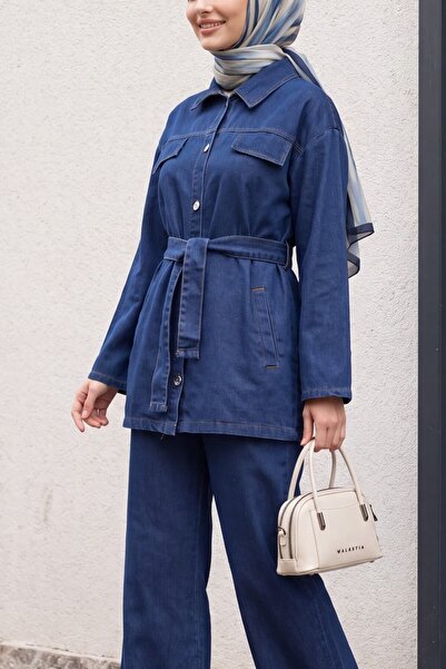 HİJABAYA Set din denim maxi cu guler tip cămașă, mâneci lungi și pantaloni la...