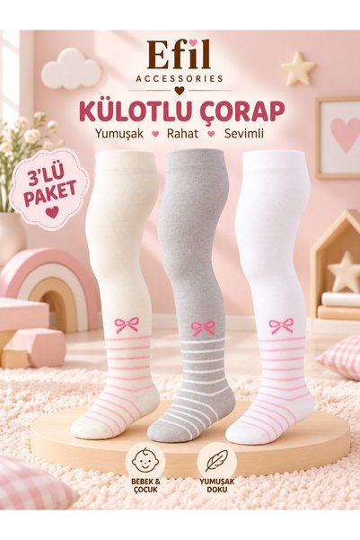 Genel Markalar Kız Bebek ve Çocuk Fiyonklu Çizgili Külotlu Çorap 3'lü Paket Y...