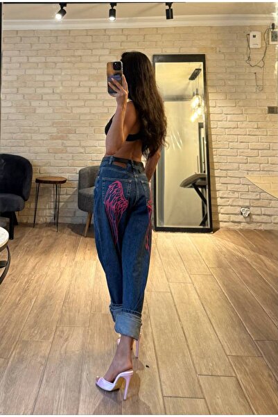 DENİKK PANTALONI DENIM MOM JEAN CU ARIPI DE ÎNGER, DESIGN SPECIAL, ROZ, ÎN TE...