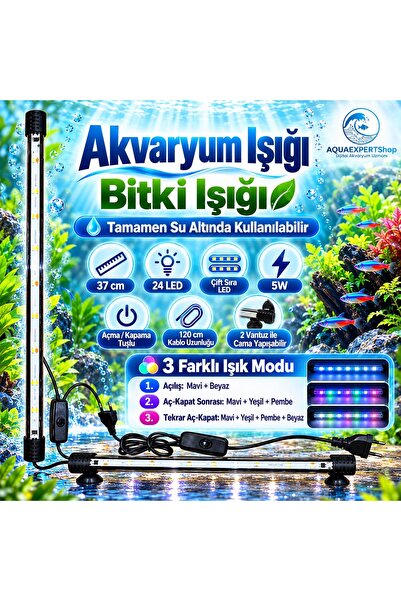 Aqua Expert Akvaryum Işığı - Balık Işığı - Bitki Işığı - 37 CM - 24 Led - Tamamen Su İçinde Kullanılabilir - 3 Modlu - 5W - Mükemmel Işık