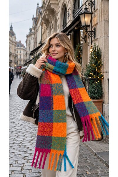 FELLMENS Orange Square Patterned Soft Textured Tassel Women's Scarf Shawl