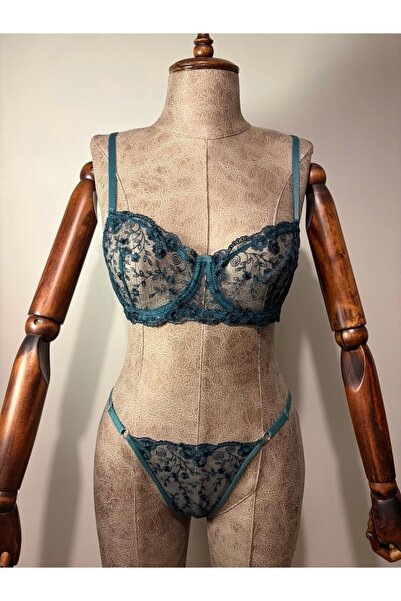 Lorinyo Green Floral Patterned Lace Bra Thong Underwear Set