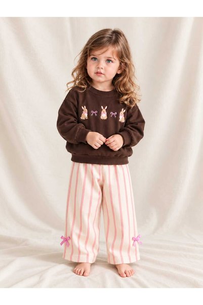 lova baby Tavşan Nakışlı Kahverengi Sweatshirt ve Çizgili Pantolon Takım