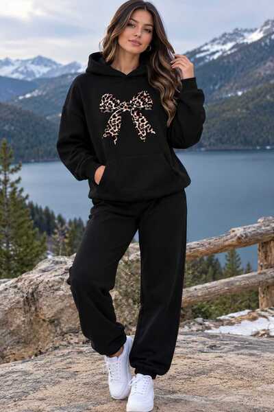 YK WEAR Trening cu glugă, set din 2 piese, de iarnă, cu imprimeu leopard și p...