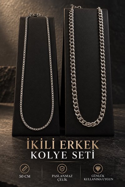JEWELRY Men's Necklace Set of 2 Stainless Steel Silver Color Chain Necklace G...