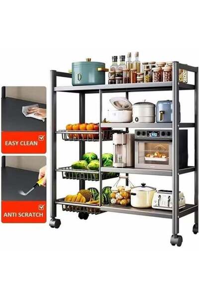 Generic Brand 4-Tier Kitchen Storage Rack with 3 Mesh Baskets and Wheels, Black