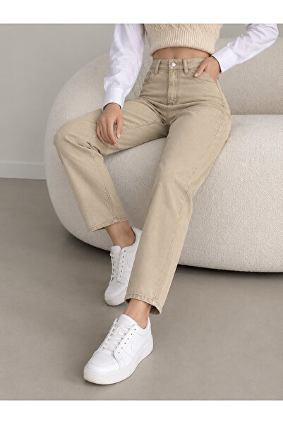 geenz manifacture Camel Color Women's High Waist Mom Jean Denim Pants Flexible Comfortable Fit