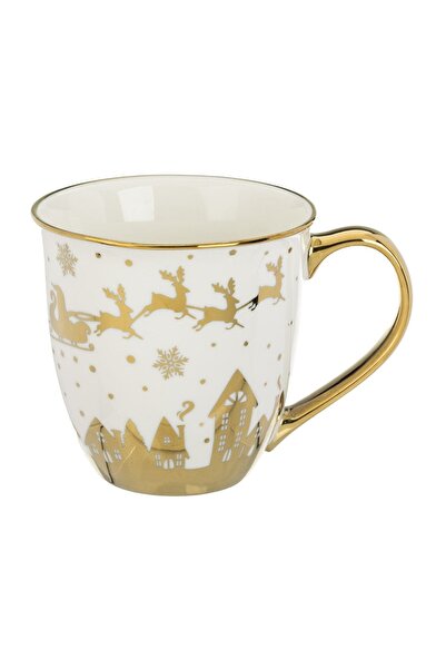 OEM Cană de Crăciun din Ceramică 610 ml, Albă cu Folie Aurie, Case și Reni