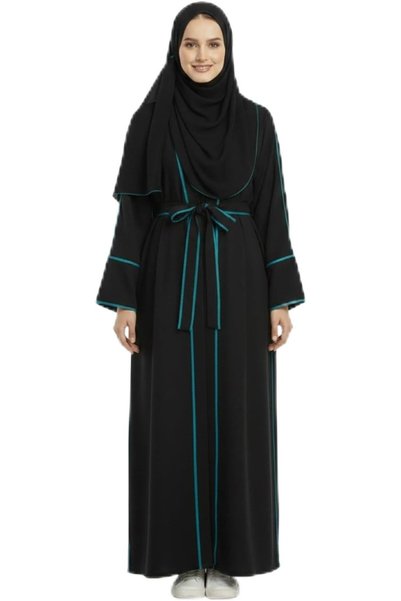 FashionApp عباءة نسائية فاخرة سوداء مفتوحة من الأمام مع حجاب مطابق وشريط خصر ...