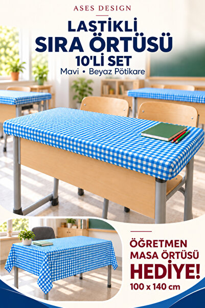 Ases Design Husa albastra si alba pentru masa cu 10 elastice, 100x140 cm, cad...