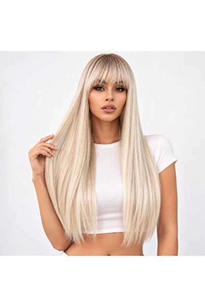Glamura Lashes Perucă Damă Lungă Blond Platinat Cenușiu cu Breton și Rădăcini...