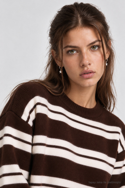 Lovelyİstanbul Striped Oversize Knitwear Sweater Lma0001 Brown Ecru