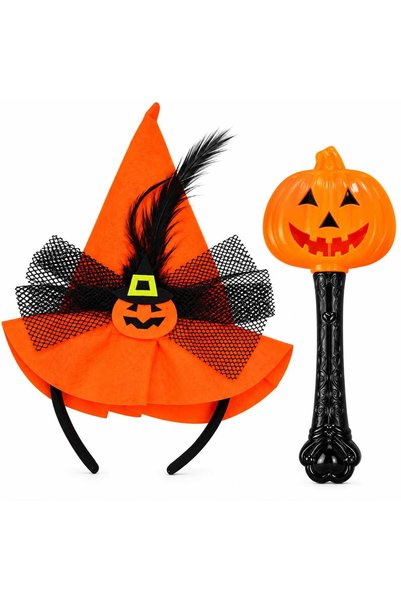 MASHASHOP Set de Halloween pentru copii, bentiță cu pălărie de vrăjitoare și baghetă luminoasă dovleac, portocaliu