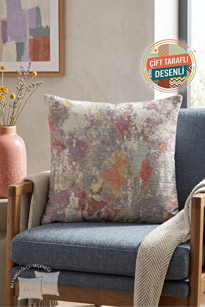 Nordica Soyut Desenli Gri Yastık Kılıfı - Eskitme Görünümlü Modern Mürdüm Det...