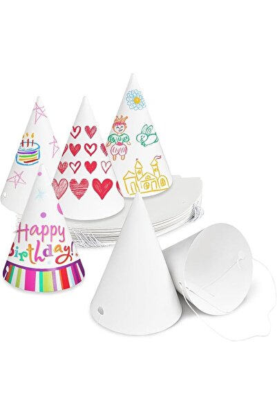 TERRIFI 50 Pack White Paper Party Hats for Kids Birthday, 6.5 Inch White Cone...