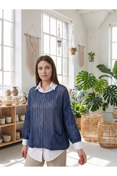 PIECE SIGNATURE Oversize Cutwork Openwork Woven Cotton Washable Pocket Sweater (Product Length 57 cm)