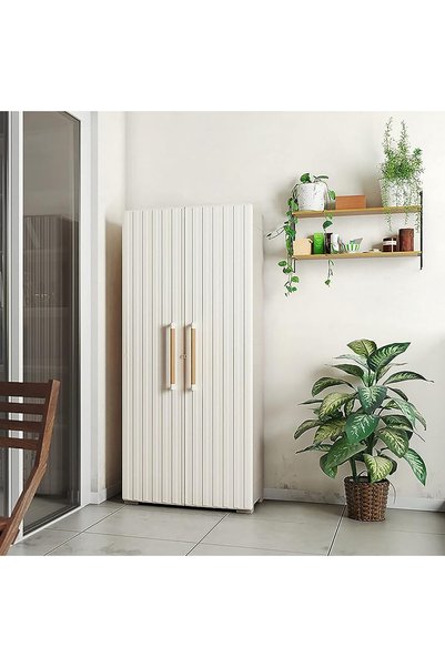 ENLIS 3 Raflı Plastik Balkon Dolabı Bej 2 Kapaklı Ahşap Kulplu Kilitli Kiler ...
