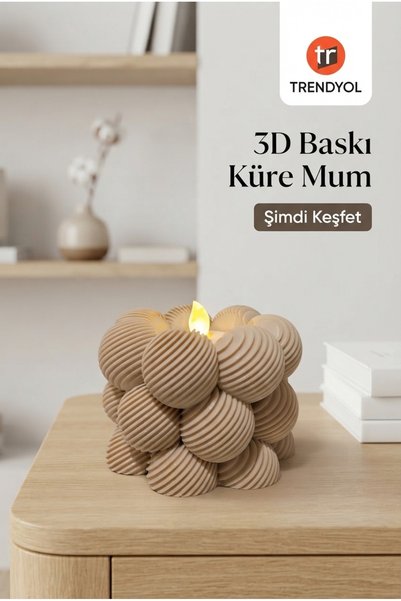 Jüjü Design 3D Baskı Küre Dokulu Dekoratif LED Mumluk Bej 11*11*8 cm
