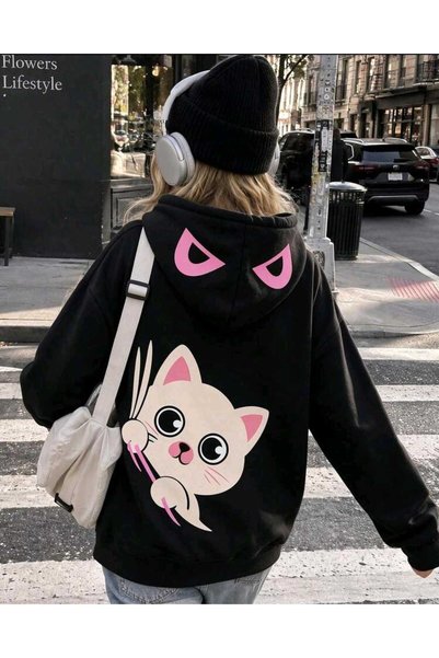 WESTWARD Cute Cat Printed Hooded Oversized Sweatshirt