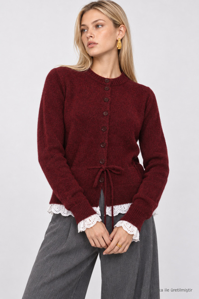 Lovelyİstanbul Fisto Embroidered Tied Knitwear Cardigan Las0012 Bordo
