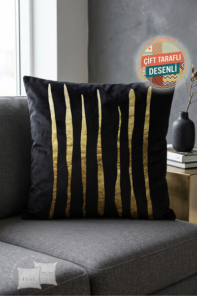 Nordica Siyah Gold Dikey Çizgili Yastık Kılıfı - Modern Soyut Şerit Desenli D...