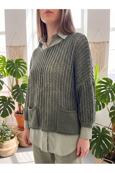 PIECE SIGNATURE Oversize Cutwork Openwork Woven Cotton Washable Pocket Sweater (Product Length 57 cm)