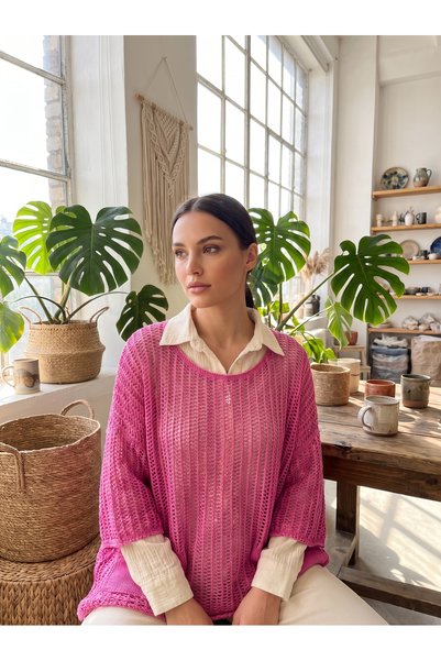 PIECE SIGNATURE Oversize Cutwork Openwork Woven Cotton Washable Pocket Sweater (Product Length 57 cm)