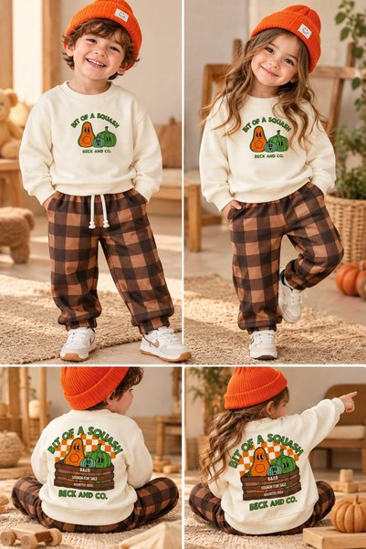 Genel Markalar Kız Erkek Çocuk 2’li Eşofman Takımı Krem Baskılı Sweatshirt Ka...