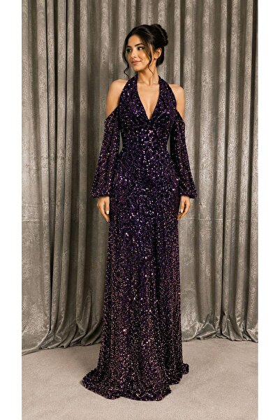 LAVERA STYLE Purple Sequin Glitter Off Shoulder Evening Dress